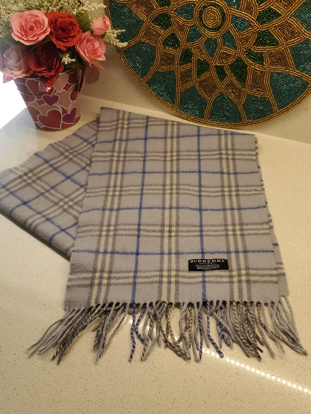 BURBERRY Light Gray & Blue Plaid 100% Lambswool Scarf